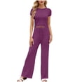 thumbnail image 5 of Enjoytime Travel Outfits for Women Knitting Crewneck Short Sleeve Tops with Pants Two Piece Sets Comfy Matching Loungewear, 5 of 5