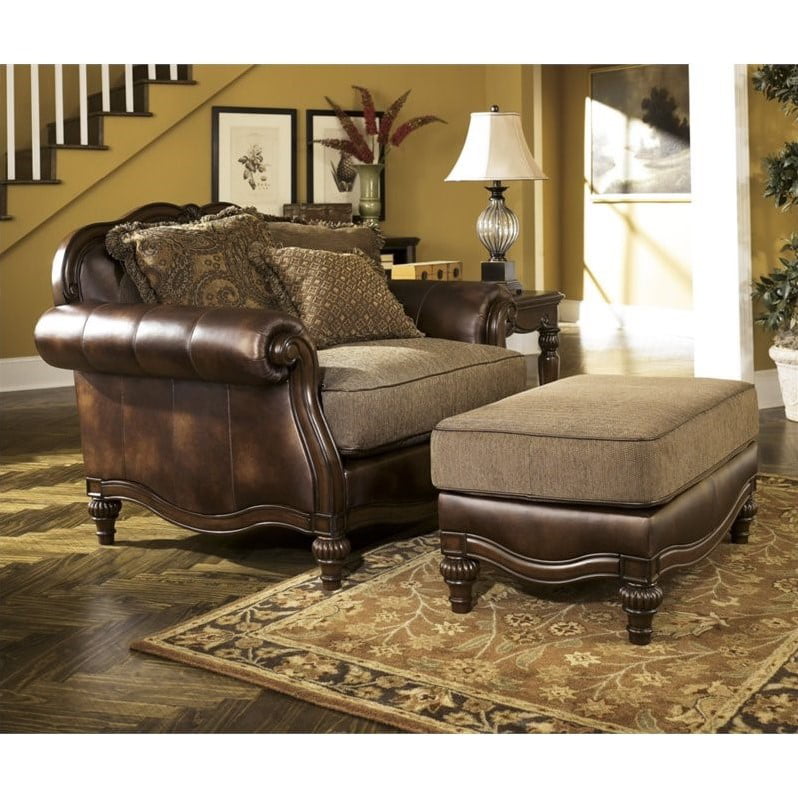 Ashley Claremore Faux Leather Oversized Chair with Ottoman