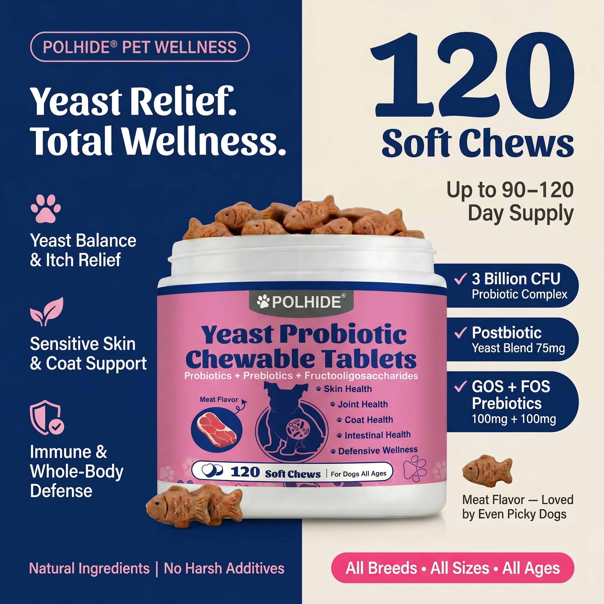POLHIDE Yeast Probiotic Chews for Dogs, Itch Relief Sensitive Skin and Gut Health Support, 3 Billion CFU, Meat Flavor, 120 Count