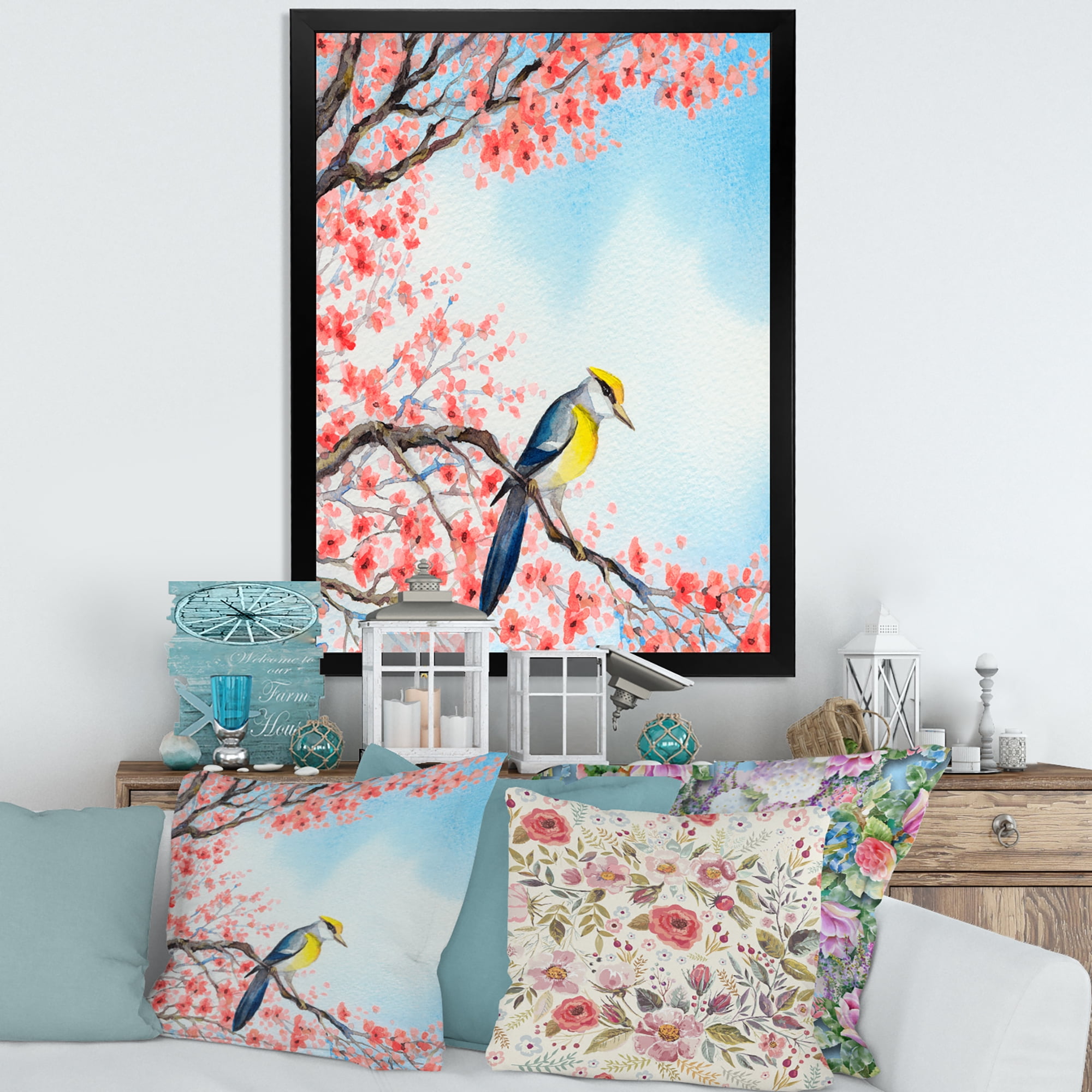 Beautiful Red Bird Sitting On Flowering Branch I 16 in x 32 in Framed Painting Canvas Art Print, by Designart