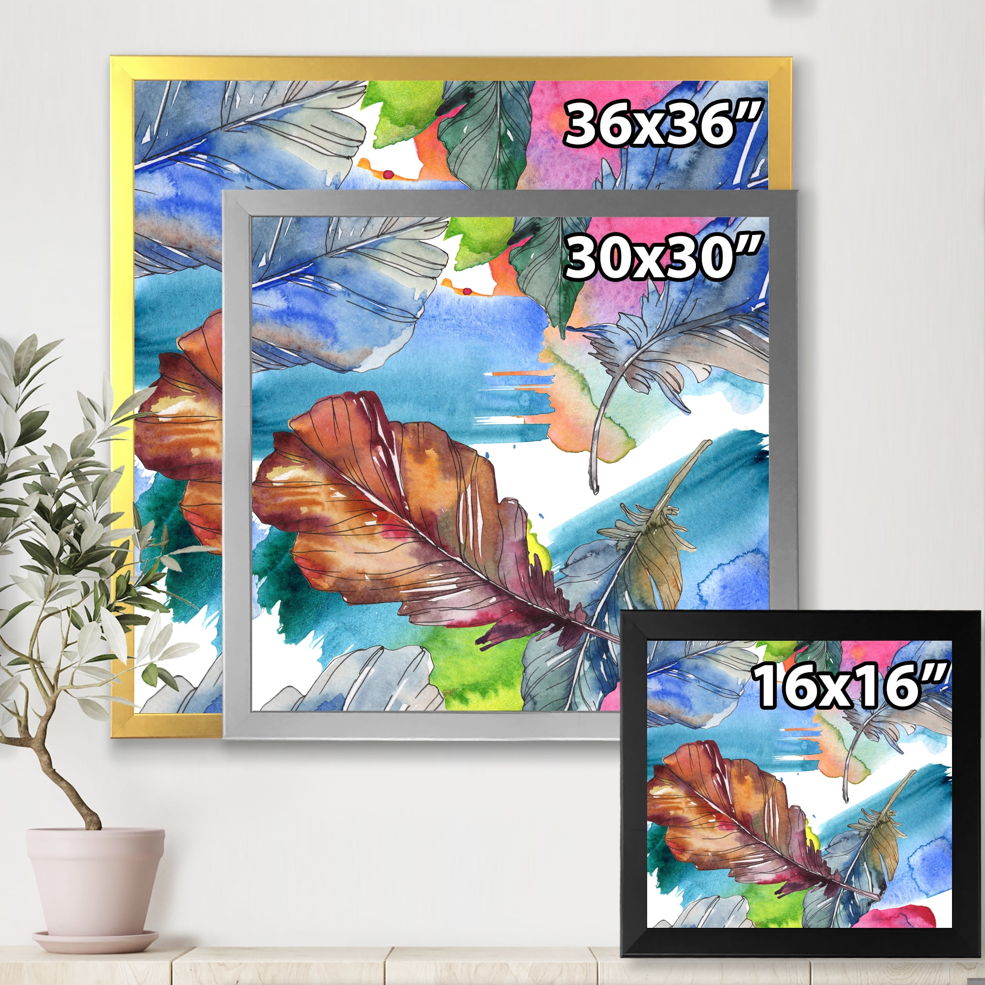 Designart 'Bird Feather In Pink and Blue' Traditional Framed Art Print
