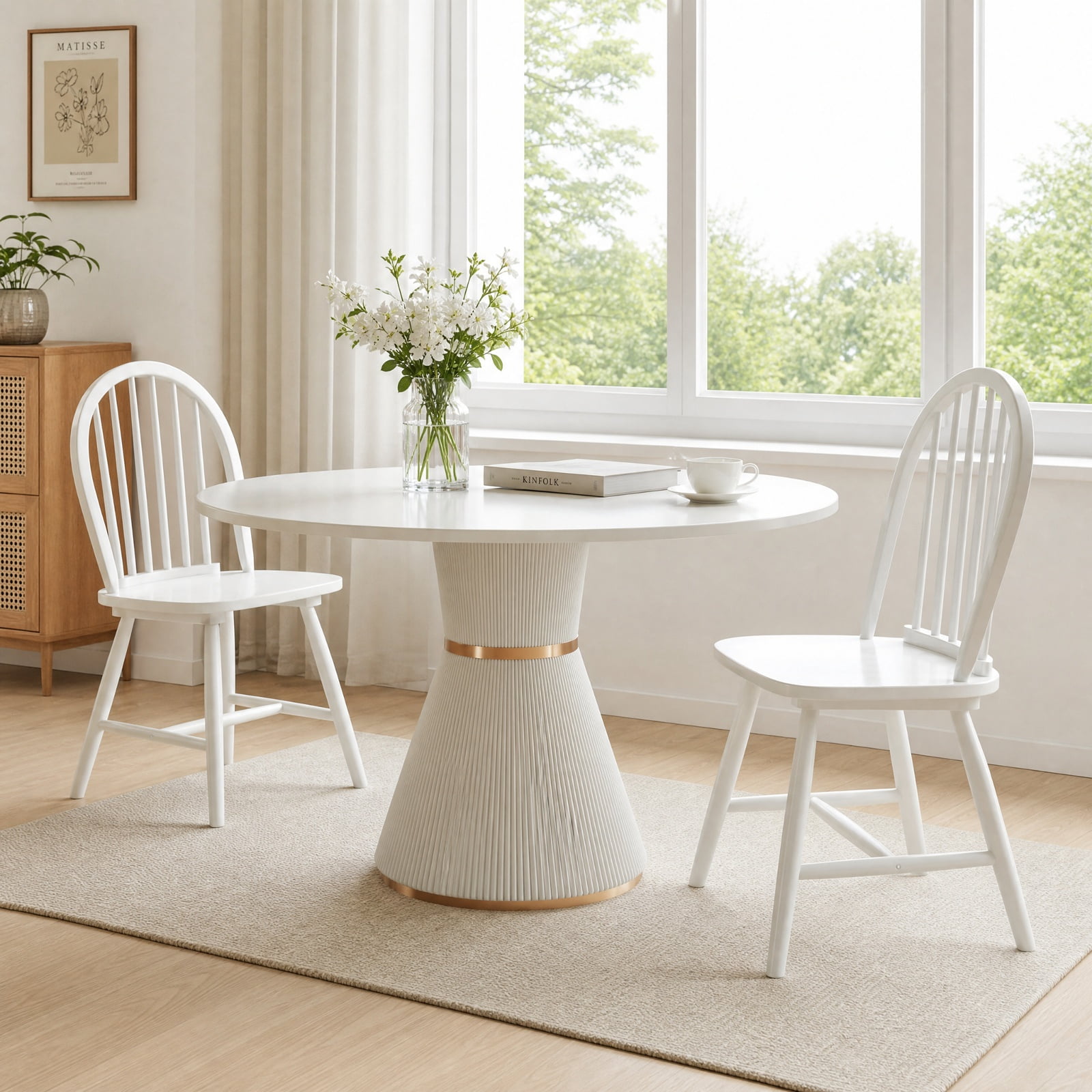 Furnibear Set of 2 Vintage Windsor Wood Chairs with High Spindle Back and Ergonomic Widened Seat for Dining Room and Kitchen, White