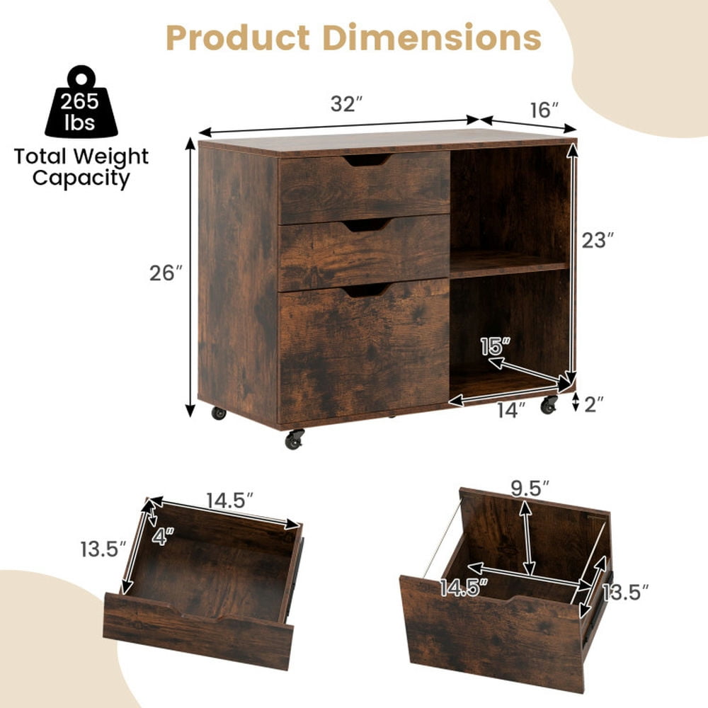 Barara King File Cabinet, File Stroage Organizer,3-Drawer File Cabinet with Adjustable Shelf and Wheels for Letter-Rustic Brown