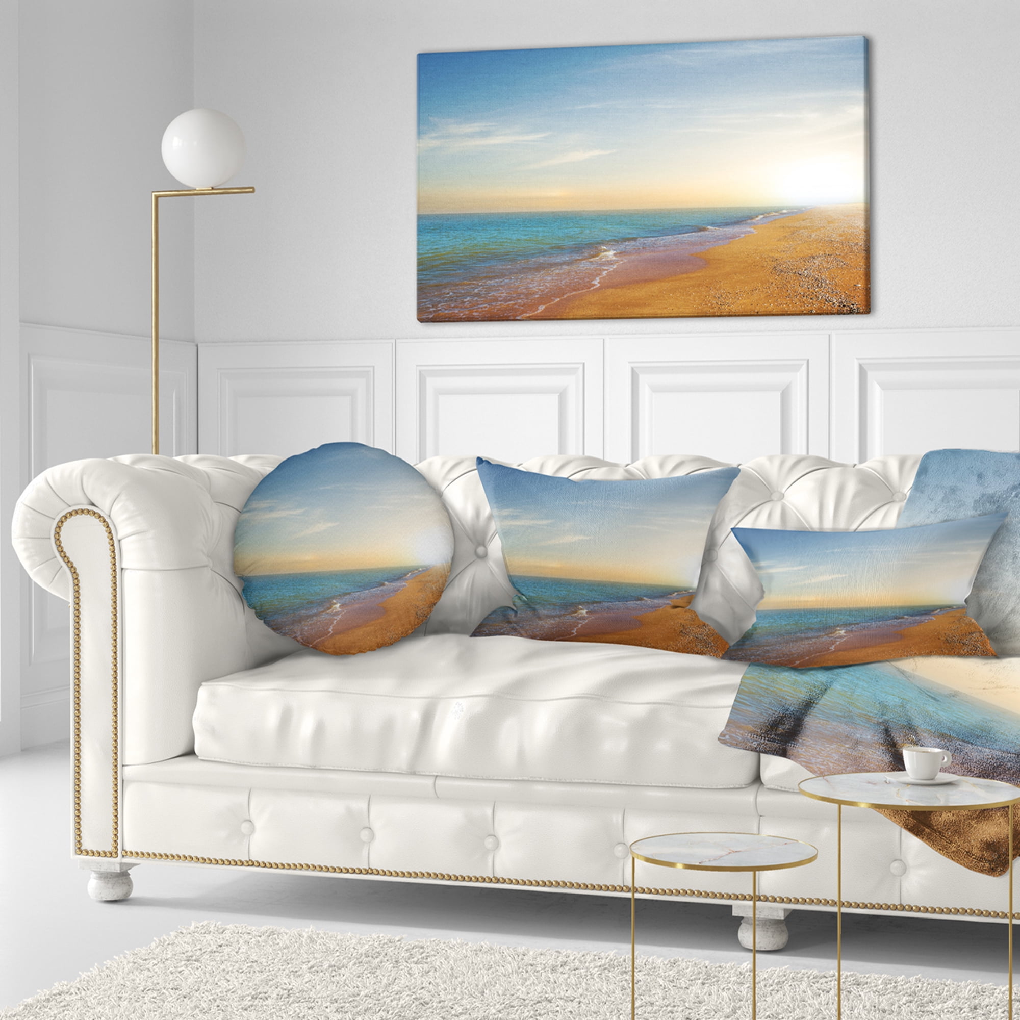 Designart Quiet Evening Blue Beach - Seashore Throw Pillow - 12x20
