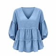 thumbnail image 4 of Guluxicc Women's Linen Blouses Loose Ruffled Bottom V Neck Short Bubble Sleeve Tops for Everyday Wear Spring Summer Casual Blouses, 4 of 5