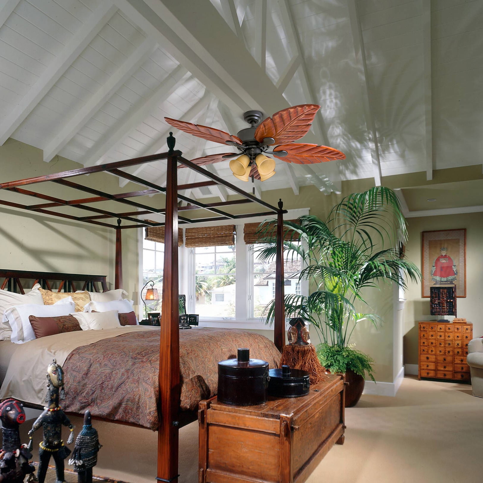 Honeywell Royal Palm 52" Bronze Tropical LED Ceiling Fan with Light, Hand Carved Blades