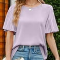 thumbnail image 5 of Ruffle Sleeve Tops for Women Short Sleeve Round Neck Casual Shirts Solid Pullovers Elegant Summer Comfy Tops Purple,M, 5 of 7