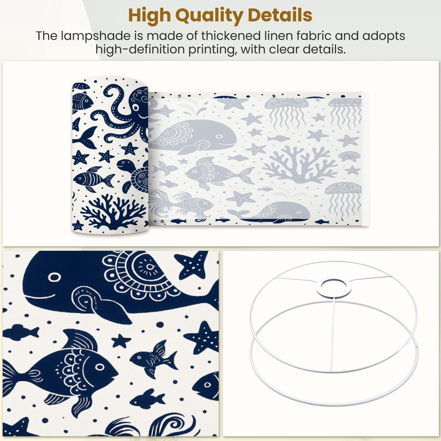 Linen Drum Lampshades Seamless sea underwater animals Cute cartoon jellyfish octopus 13"x13"x10" Light Shade for Table Lamps Floor Lamps Drum Lamp Shades Lampshade Replacement Assembly Required