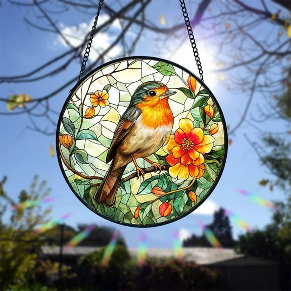 Robin Bird Stained Glass Suncatcher, Bird and Flower Window Hanging, Living Room Decor, Memorial Gift, Bird Lover Home Decoration