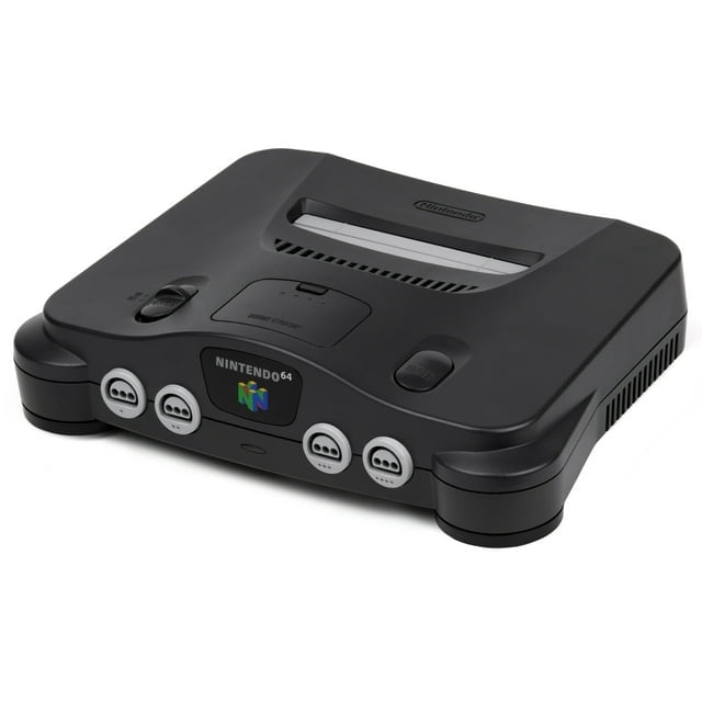 Nintendo 64 N64 Black Console Bundle with 2 Transparent Controllers (Red & Purple) - Refurbished