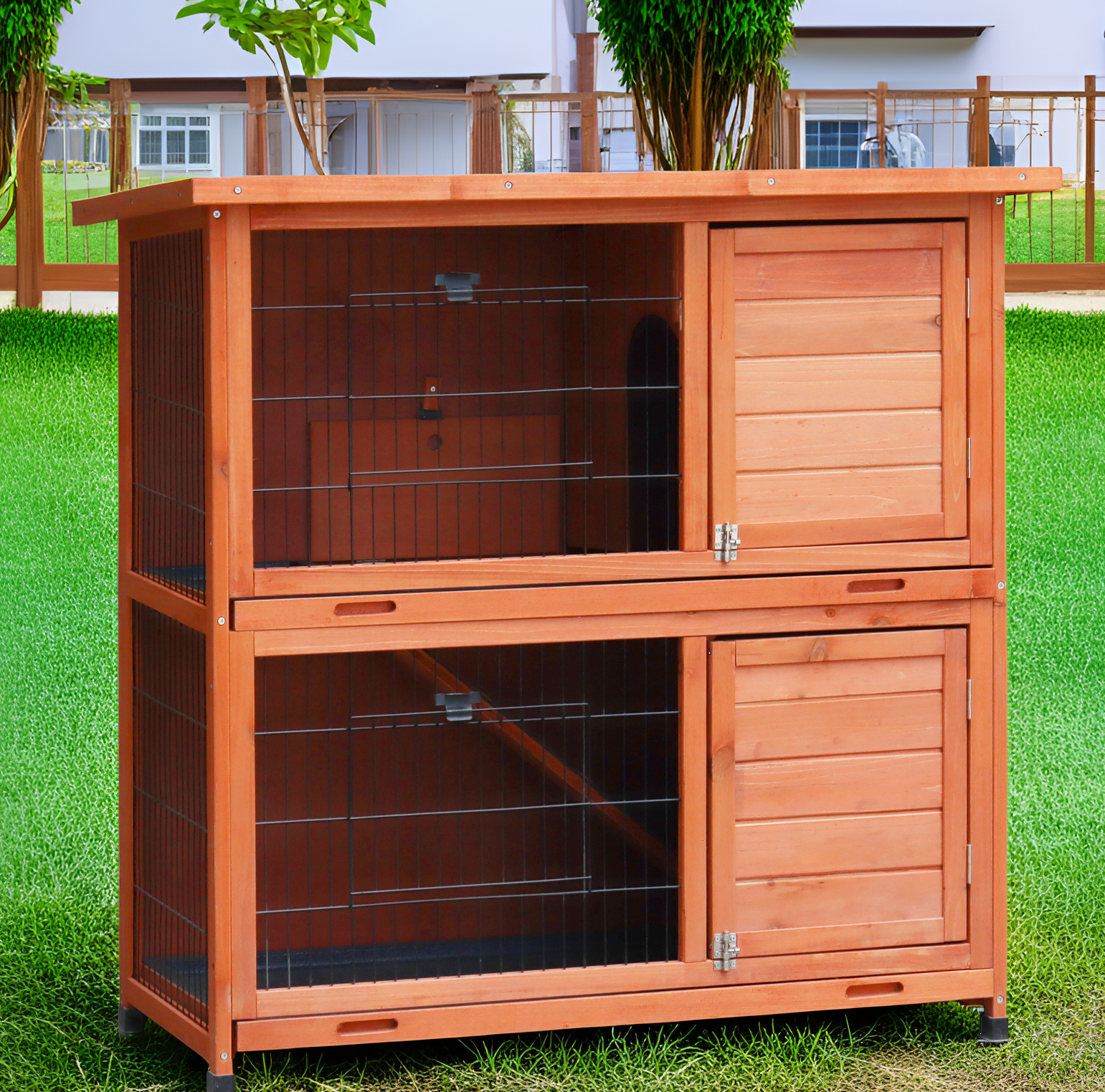 Anykoon Rabbit Hutch Outdoor, Fence, for Small Animals , 2-Story Rabbit Cage Indoor with Run, Bunny Cage with 2 Removable No-Leak Trays, Pet Cages with Non-Slip Ramp, Waterproof Roof