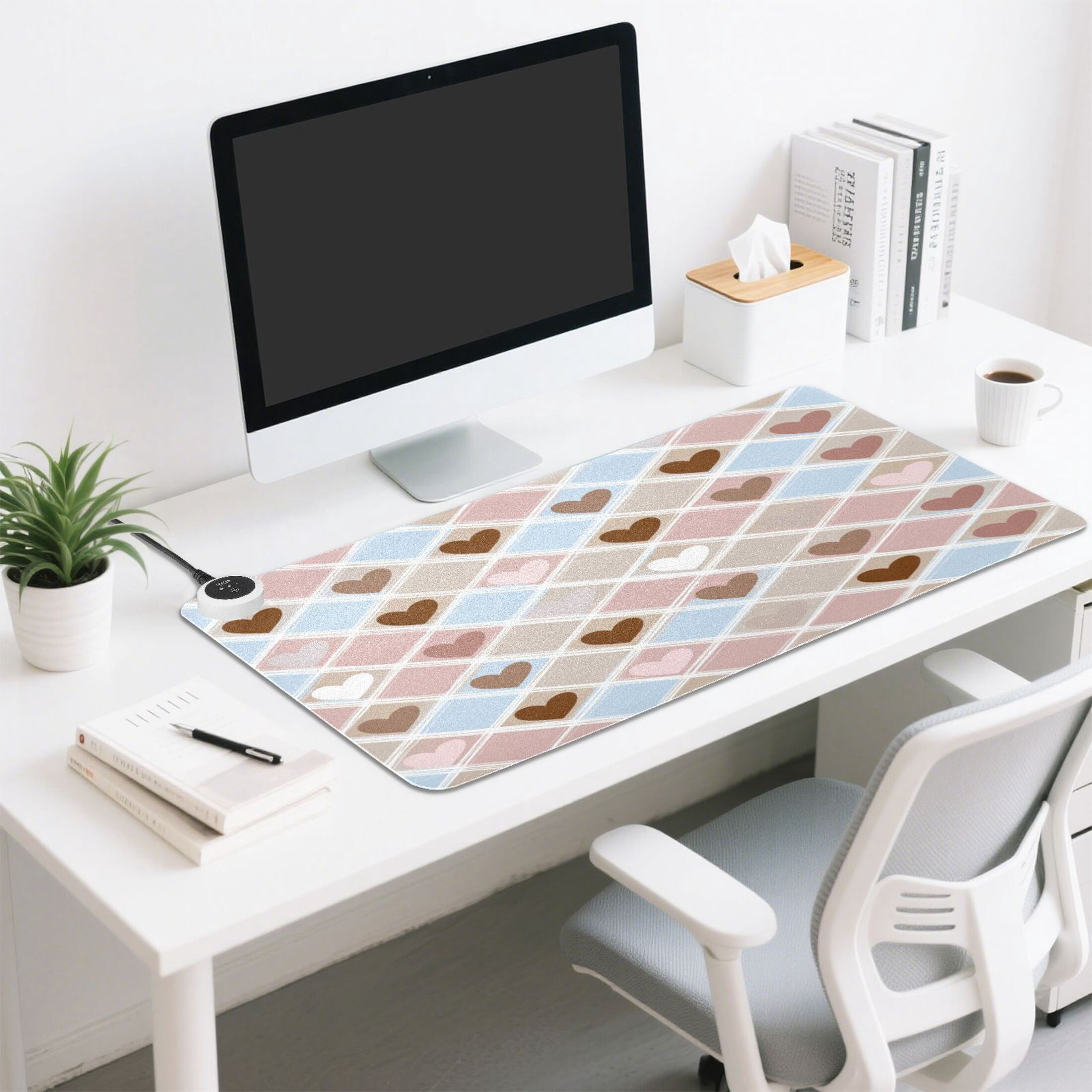 Large Heated Desk Mat Mouse Pad 31.5"x13"PU Leather Graphene Heating Desk Warmer with 3 Temperature Settings 110V US Plug Non-Slip Warm Pad for Home, Office, and Gaming Pastel Heart Argyle Pattern