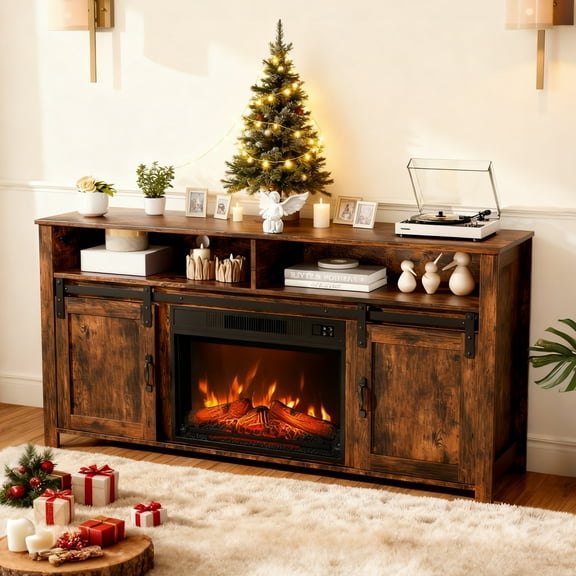 Ktaxon 58" Farmhouse TV Stand with 23in Fireplace, Modern Media Console Table for 55/60/65" TVs with 2 Sliding Barn Doors and Open Shelves, Brown