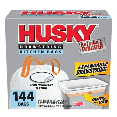 Husky Tall Kitchen Expandable Drawstring Trash Bags, 13 Gallon, 144 Count