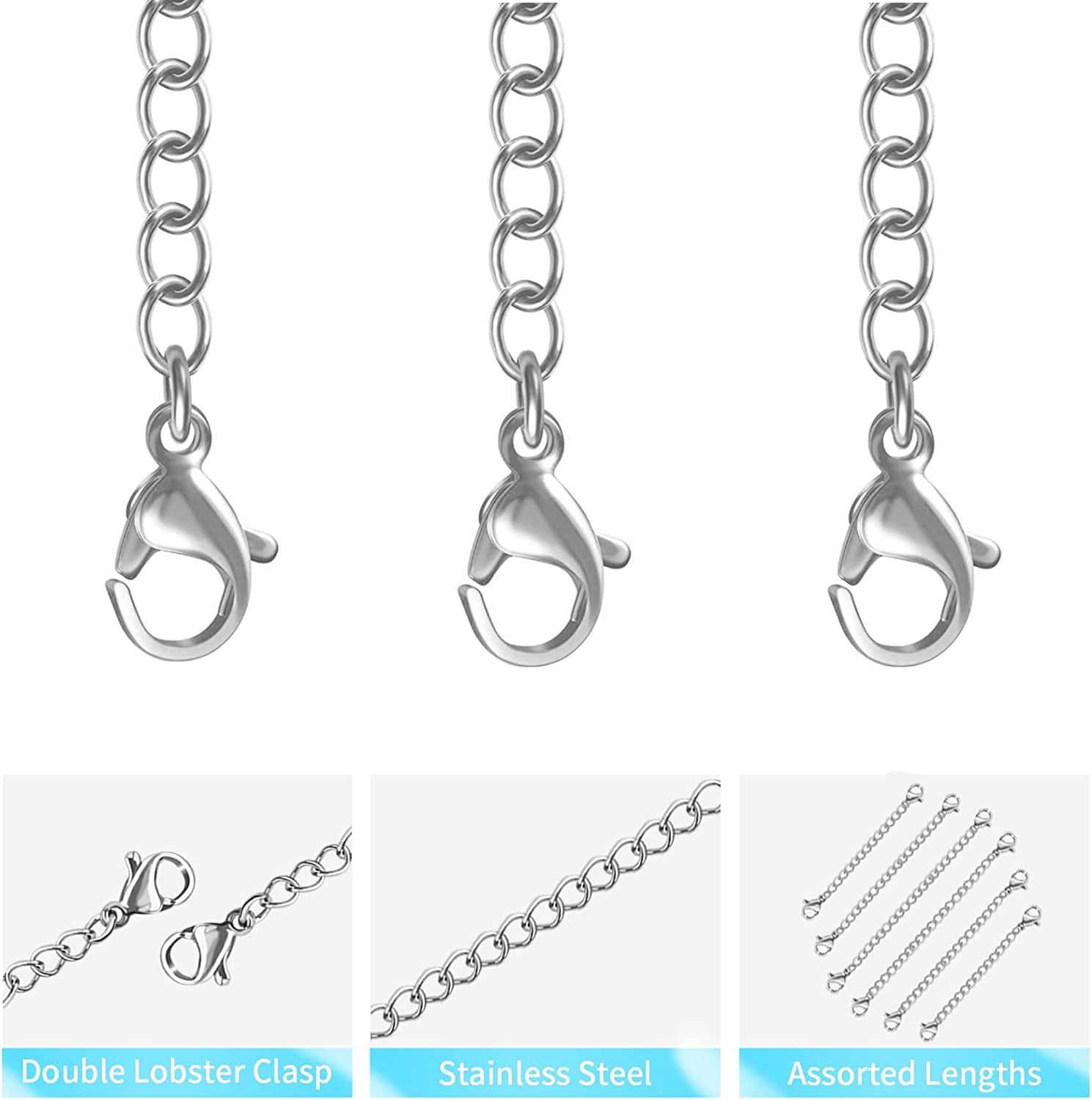 Necklace Extenders, 10Pcs Stainless Steel Gold Silver Necklace Bracelet  Anklet Extension Chains with Lobster Clasps and Closures for Jewelry Making
