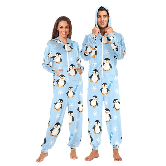 Adult Christmas Onesie Winter Snowflake Penguin Pattern Zipper One-Piece Pajamas Unisex with Pockets