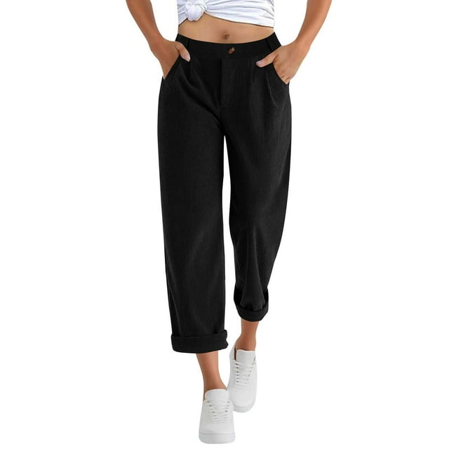 Ohufall Pantalon de Mode pour Femmes Décontracté Uni Jambe Droite Pantalon Confortable Bouton Taille Élastique Doux Respirant Pantalon