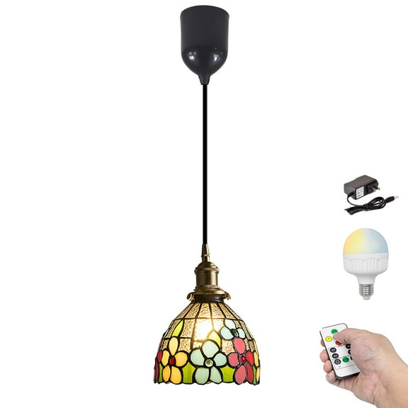 Kiven Battery Operated Pendant Light with Remote Control,1 Pack Rechargeable Hanging Pendant Light Adjustable Height with Glass Lampshade for Bedroom Kitchen Bar Living Room,TB3238-A