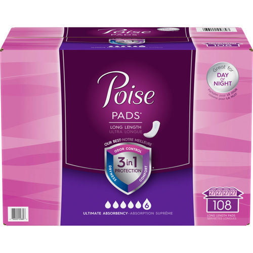 POISE Ultimate Absorbency Long Length Pads 108 ct For Day Time or Night  Time Use 