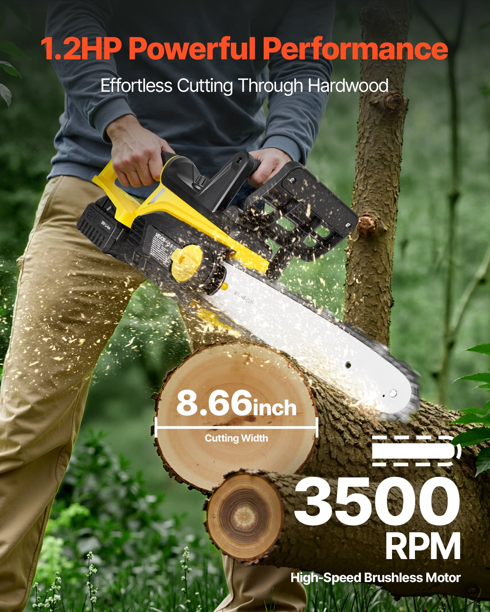 VEVOR Cordless Chainsaw, 20V 12-Inch Brushless Chainsaw Battery Powered, 4.0Ah Battery and Rapid Charger Included, Handheld Electric Chain Saw for Tree Felling, Wood Cutting, Pruning, and Trimming
