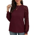 thumbnail image 5 of SHOWMALL Women's Trendy Waffle Knit Blouse Puff Long Sleeve Hollow-Out Lace Tops Casual Loose T Shirts, US Size Medium, Wine Red, 5 of 8