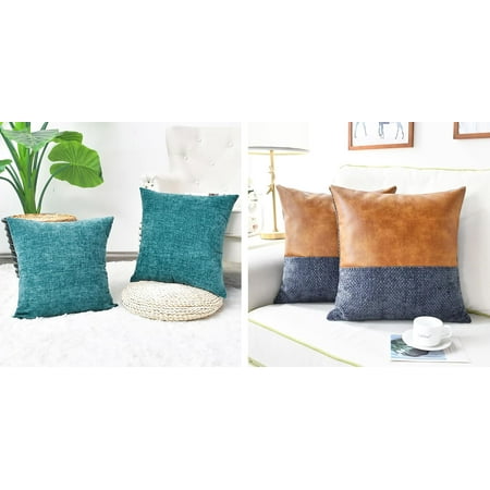 

CaliTime Throw Pillow Covers Pack of 2 Cozy Solid Dyed Chenille Cushion Cases for Couch Sofa Home Decoration 16x16 inches Teal Navy Blue