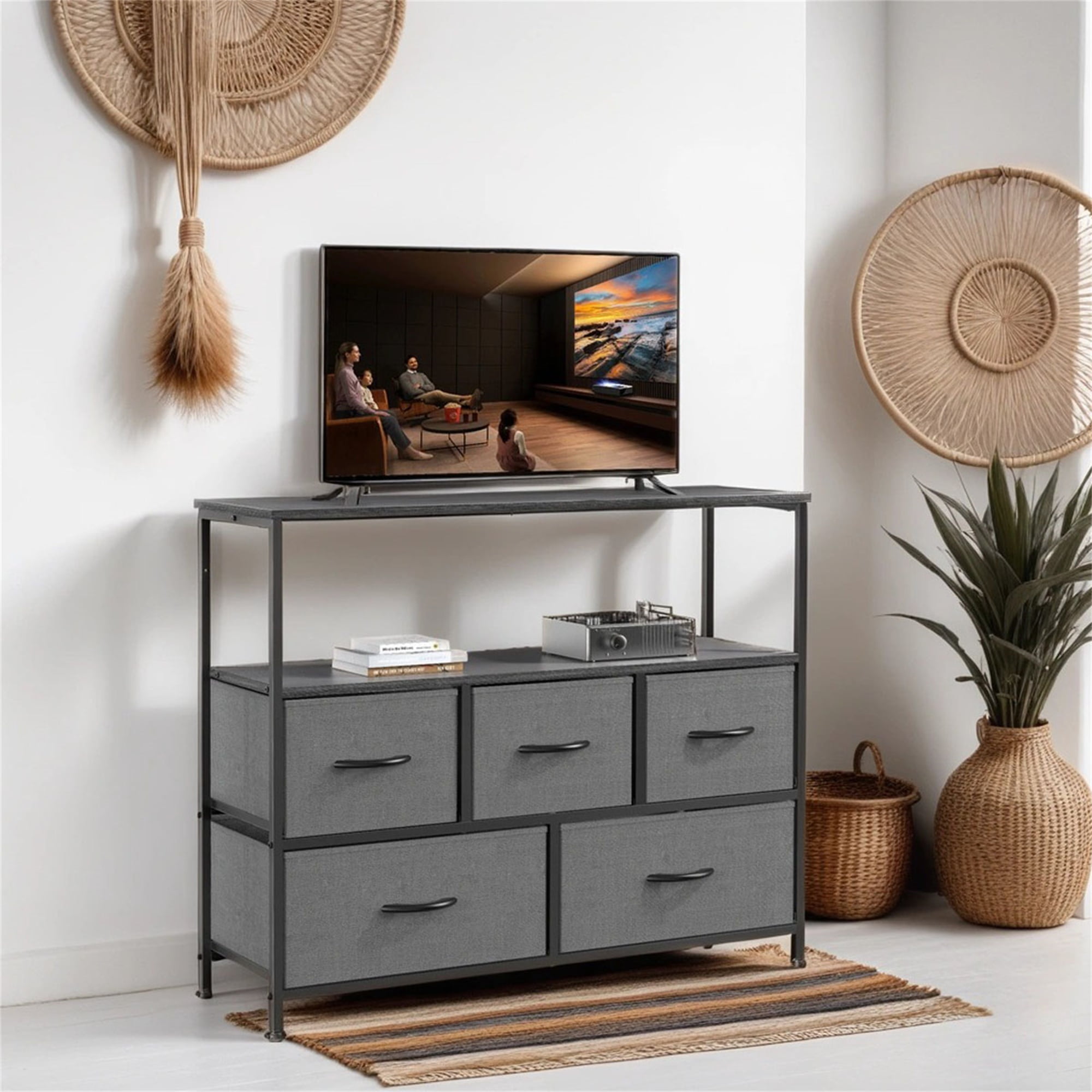 Kadyn Chest of Drawers ,TV Stand for Bedroom with Drawers,Entertainment Center with Open Display Metal Shelf 5 Fabric Storage Dresser ,Gray Kadyn Chest of Drawers ,TV Stand for Bedroom with Drawers,Entertainment Center with Open Display Metal Shelf 5 Fabric Storage Dresser ,Gray