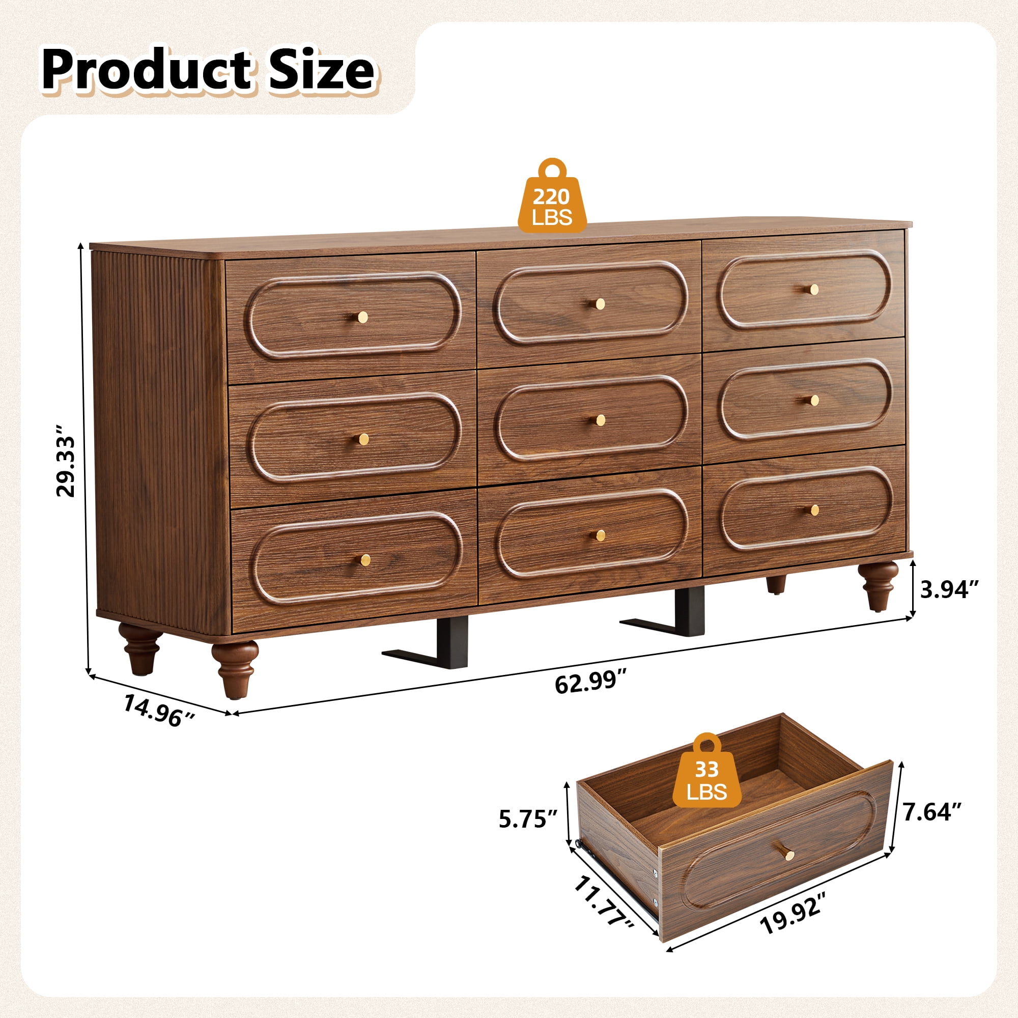 Weselon 9 Drawer Fluted Dresser for Bedroom, Mid Century Chest of Drawers with Arc Edge, Wood Storage Large Dresser Organizer for Bedroom Living Room Hallway Closet, brown
