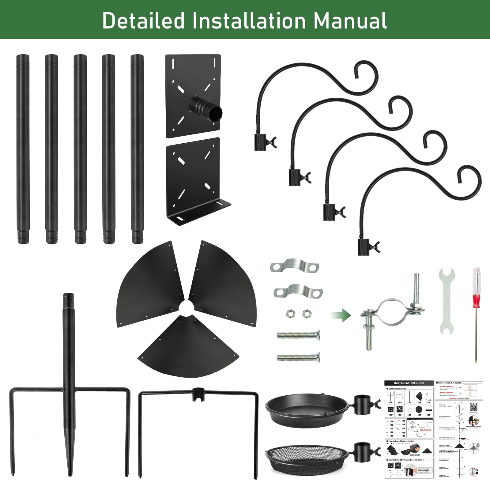 KOLAKO Bird Feeder Pole, 92 inch Squirrel Proof Adjustable Bird House Stand, Heavy Duty Metal Bird Feeder Hanger, Garden Shepherd Hooks with Baffle for Outdoor, Black