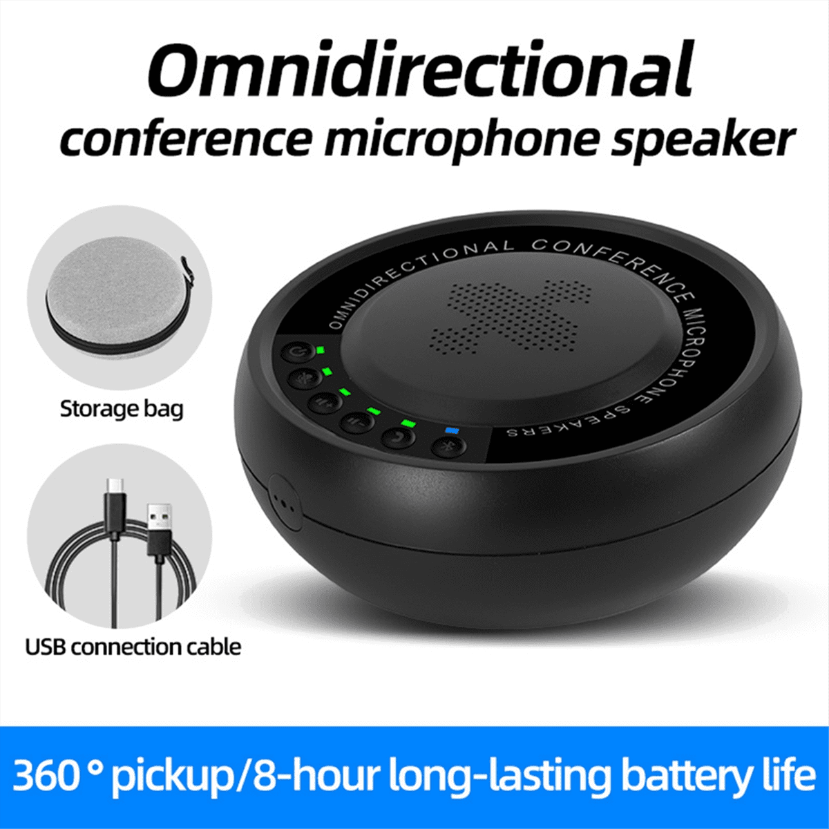 USB Bluetooth Conference 360° Voice Capture Microphone for Video Conferences Online Courses Live Broadcasts Black,1 * Microphone 1 * USB Cable 1 * Storage bag,Black