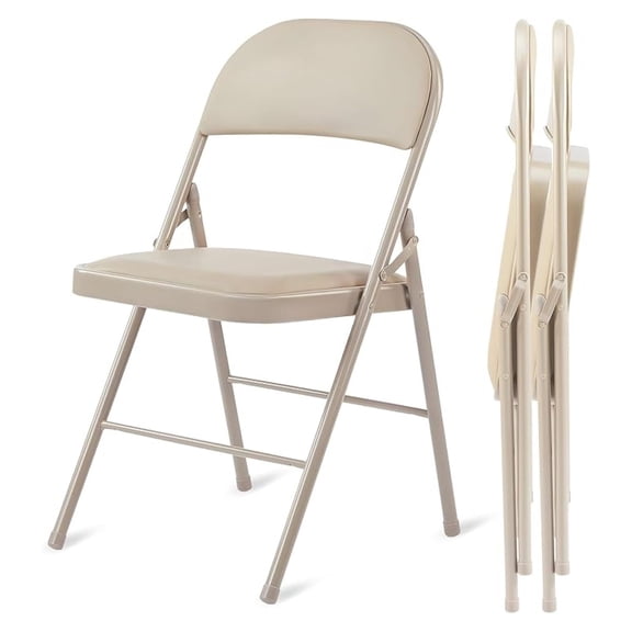 2 Pack Folding Chairs with Leather Padded Cushion Seats & Durable Metal Frame, Comfortable, Foldable, Portable, Event Seat, Indoor Outdoor for Home, Parties, Office, Kahki