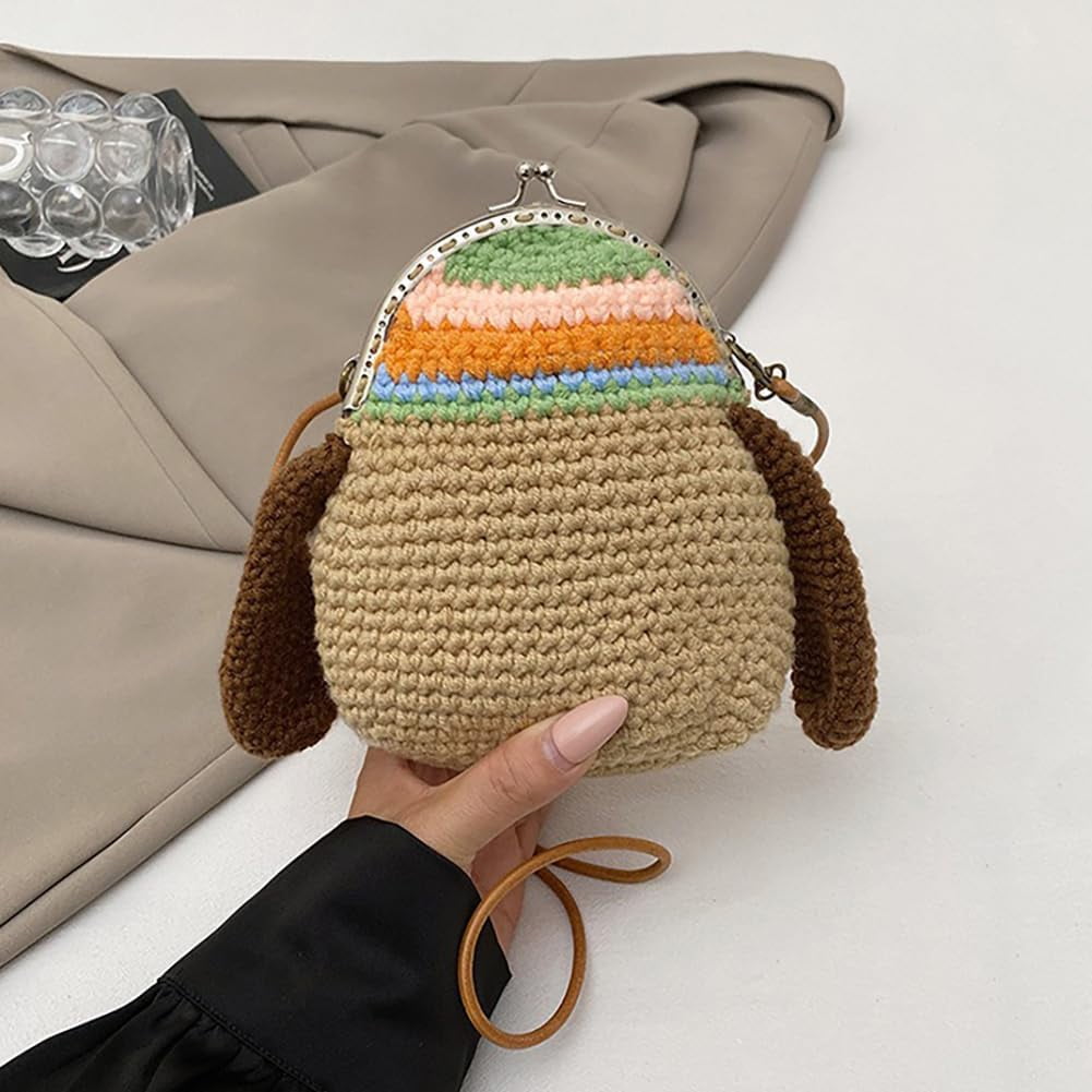 Baguery Handmade Crochet Dog Crossbody Bag - Cute Cartoon Knitted Purse with Metal Frame, Mini Animal Shoulder Bag for Women​