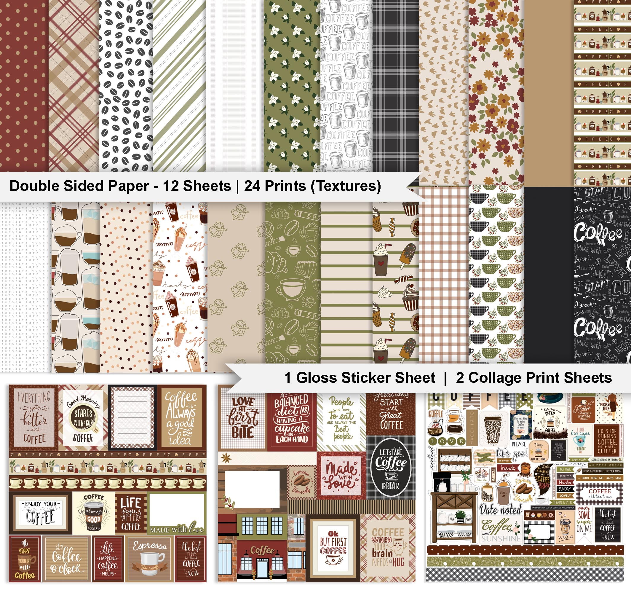 Inkdotpot Coffee Theme Card Stock with Sticker Sheet, Multicolor, 12in x 12in, 16 Sheets Pack