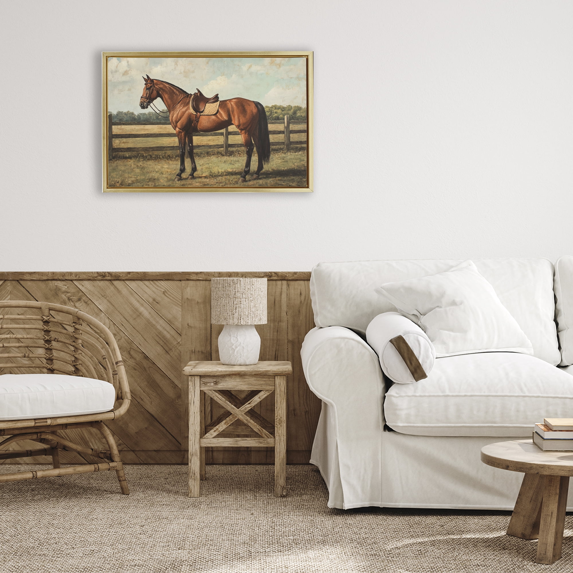 Stupell Industries Chocolate Stag Saddled in Pasture Gold Framed Floater Canvas Wall Art, design by Petal Prints Design