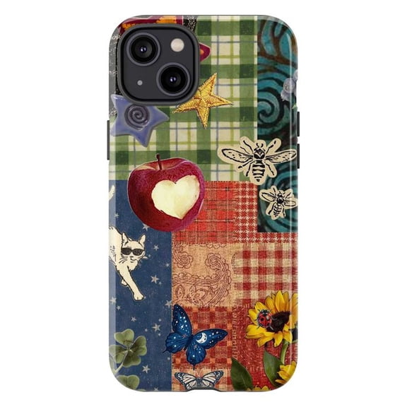 Patchwork Art Phone Case, Colorful Apple, Butterfly, Bee, and Floral Design iPhone Cover, Unique Artistic Protective Case for iPhone 17 16 15 14 13 12 11 Plus Pro Max Mini