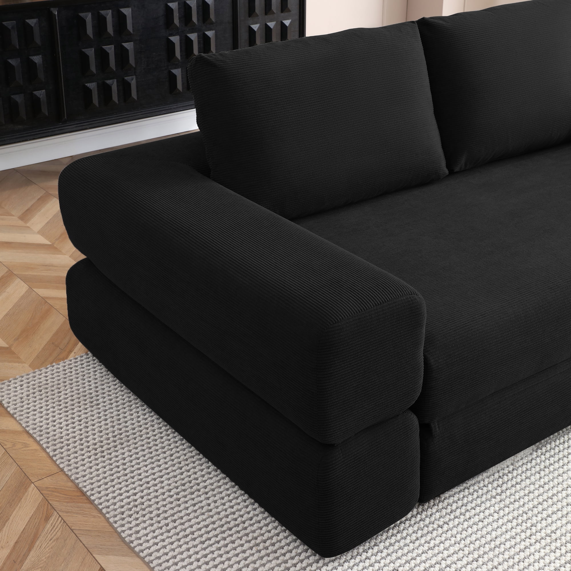 81-Inch Convertible Sofa Bed with Pillows, 3-in-1 Folding Floor Couch and Corduroy Futon Sleeper Mattress for Living Room and Bedroom, Black