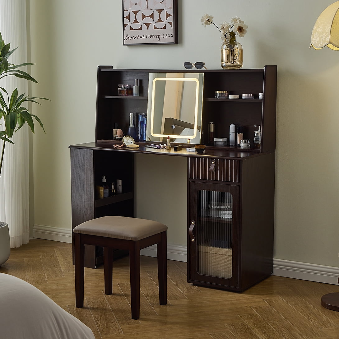 Euroco Modern Walnut Vanity Set with Sliding Touch Mirror & LED Lighting – Fluted Drawer Panel, Ample Storage, Solid Wood Frame, Stool Included