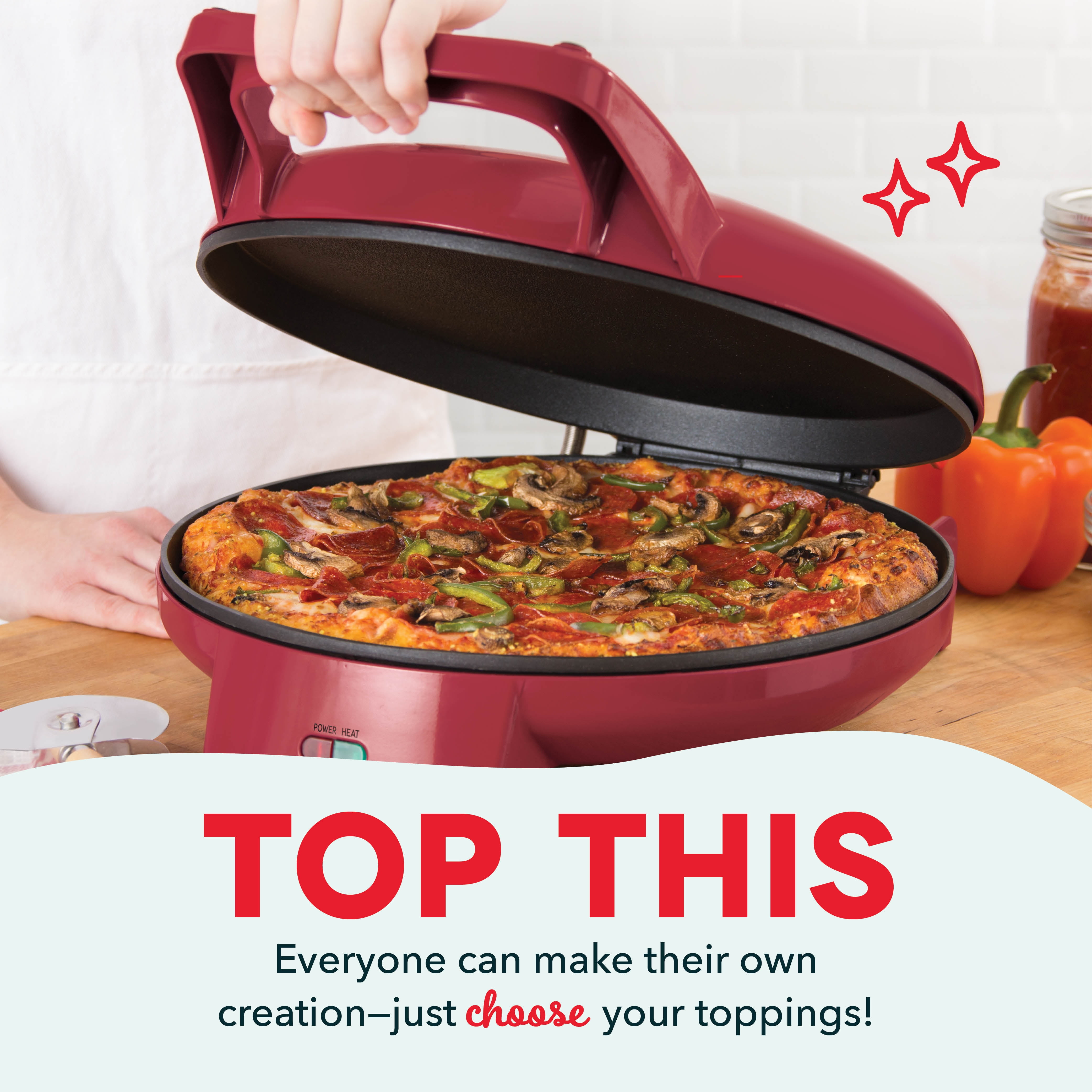 Dash 12" Pizza Griddle, Red - Personal Pizza Maker with Dual Cooking Surfaces, Nonstick & 450°F Heat