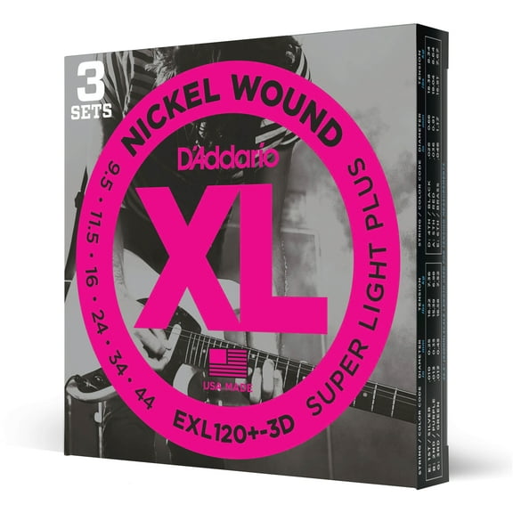 D'Addario EXL120 -3D Nickel Wound Electric Guitar Strings, Super Light Plus, 9.5-44, 3 Sets