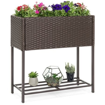 Outdoor Garden Planters Best Choice Products 2-Tier Indoor Outdoor Wicker Elevated Garden Planter Box Stand for Potted Flowers, Plants, Herbs, Succulents, Brown ()