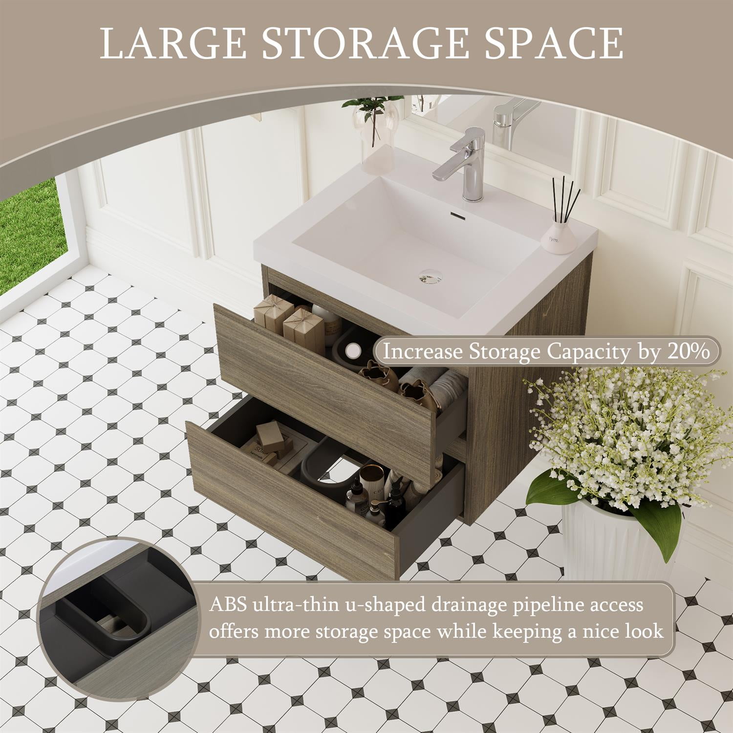 Demi Bonn 24" Floating Bathroom Vanity with Sink, Resin Top Basin and 2 Soft Close Drawers, Faucets and Drains Not Included, Gray