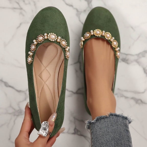 BRGZLK Women's Flats Shoes Summer Fashion Casual Versatile Round Toe Pearl Rhinestone Slip-On Flat Shoes Soft Sole Elegant Comfortable Flats Green 8.5