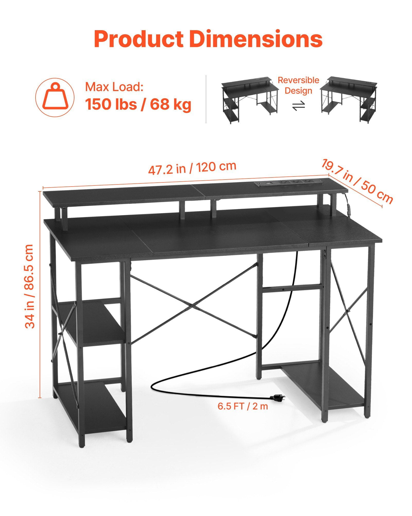 47" Black Gaming Desk Featuring LED Lighting System, Convenient Power Outlets, Monitor Stand and Two-Tier Shelves for Home Office Study