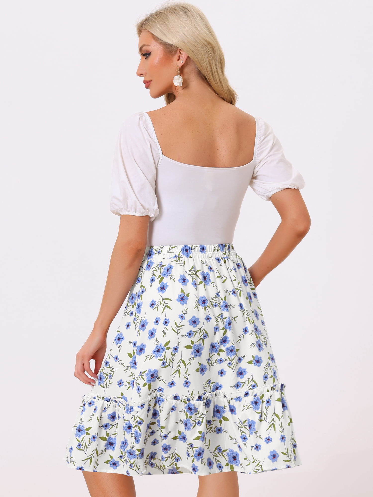 DARING DIVA Women's Flowy Ruffle Hem Tiered Floral Midi Skirt L Light Blue