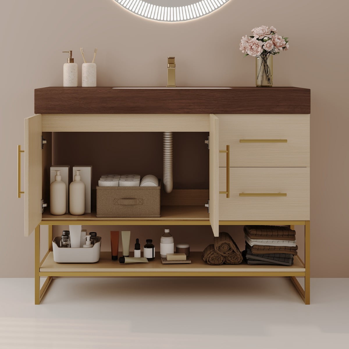 36" Bathroom Vanity with Sink, Freestanding Bathroom Vanity Cabinet with Sintered Stone Top, Seamless Ceramic Basin, Gold Stainless Steel Legs, Storage Drawers & Open Shelf, Walnut &Wood