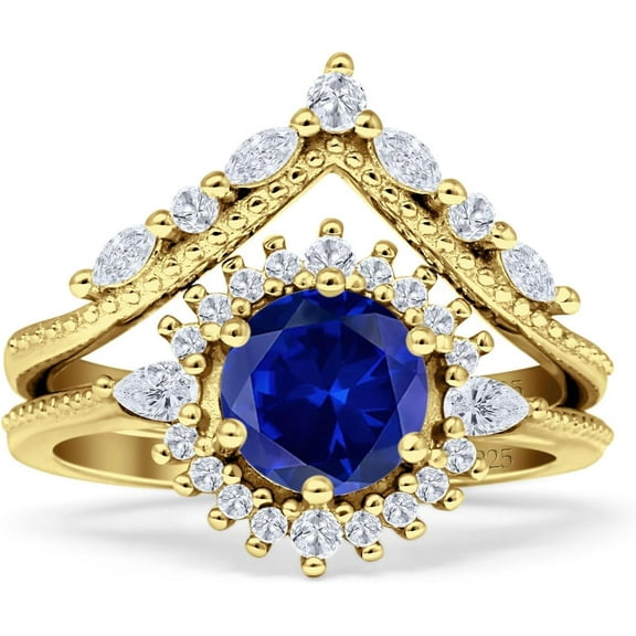 Two Piece Round Ring Blue Sapphire Cubic Zirconia Yellow Tone 925 Sterling Silver, Size 8