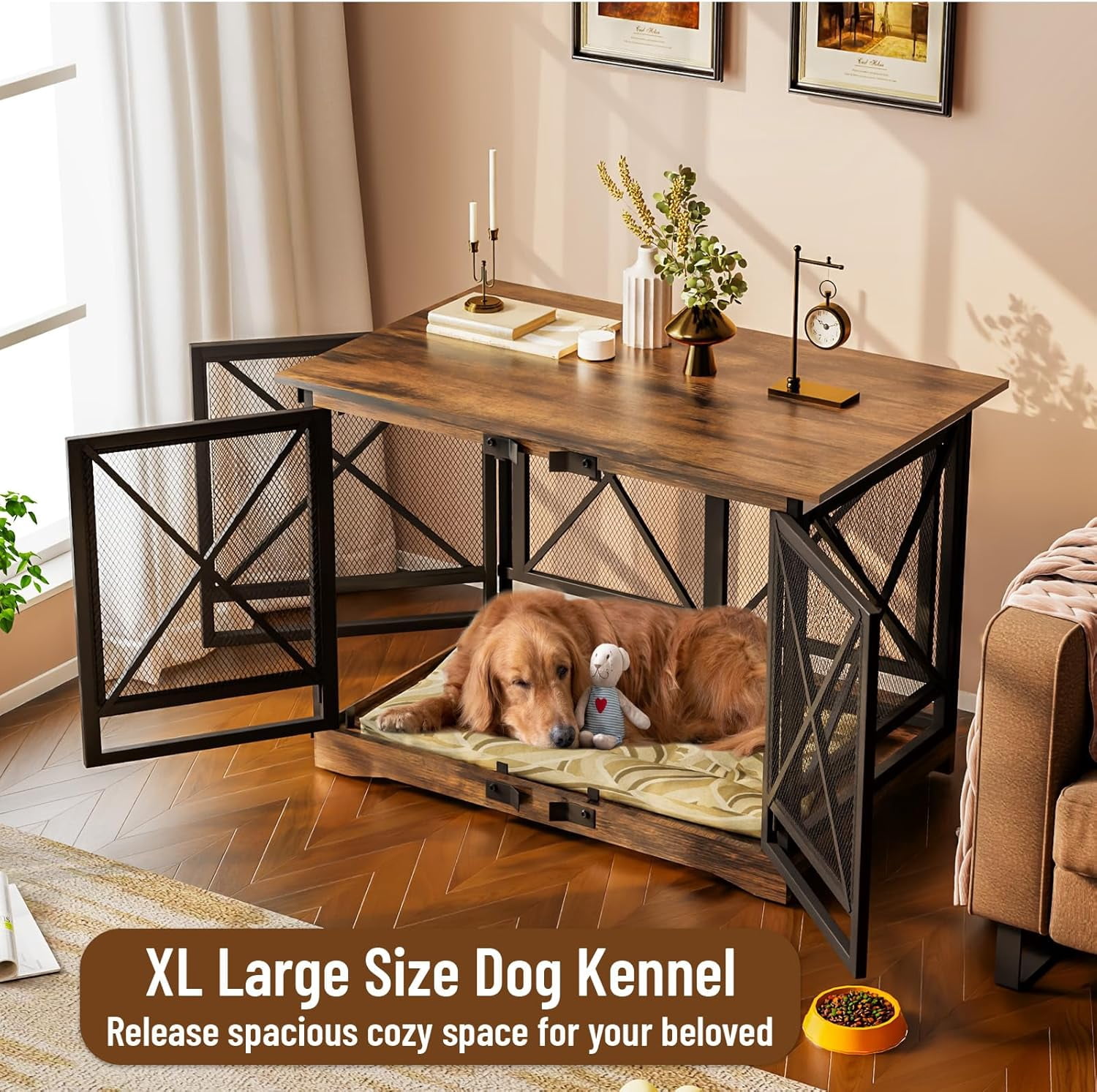 COZPAW 48 Inch Heavy Duty Dog Crate Furniture, Double Door Wooden Dog Kennel End Table for Large Dogs, Brown