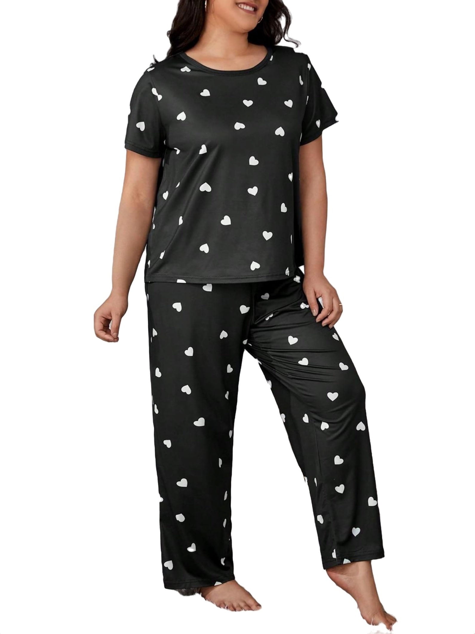 Heart Print Round Neck Pant PJ Sets Short Sleeve Black Plus Size Pajama