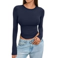 thumbnail image 5 of WULMLEO Women's Casual Basic Crop Tops Slim Fit Long Sleeve Crew Neck Solid Color Fall Pullover Shirts Tight Tee Navy S, 5 of 5