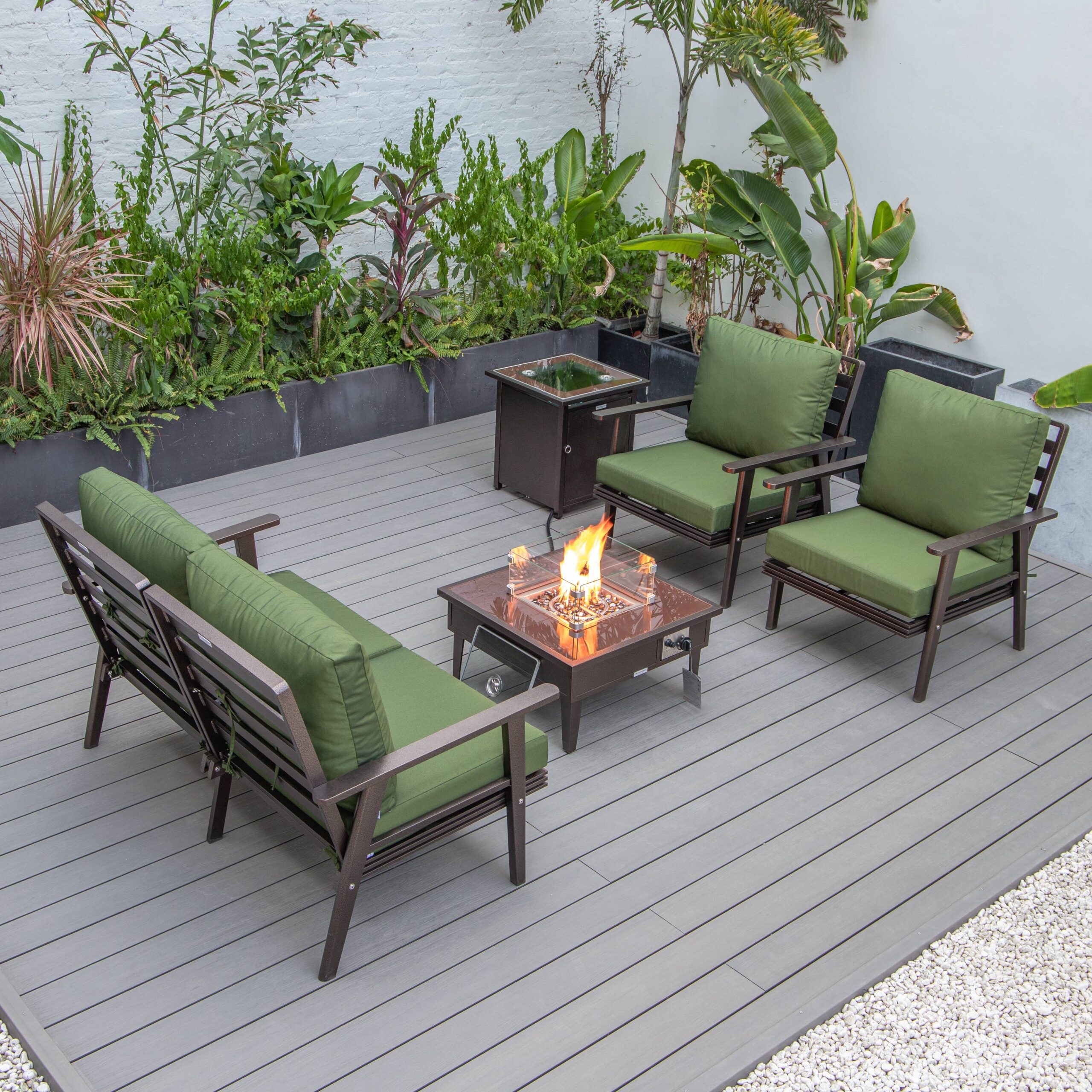 LeisureMod Walbrooke Modern Aluminum 5-Piece Patio Conversation Set with Outdoor Square Fire Pit Table & Side Table Tank Holder And Green Cushions - image 5 of 19